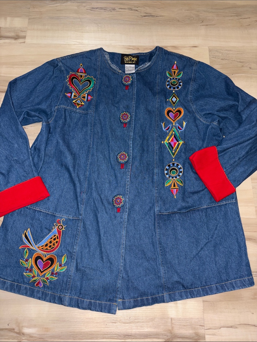 VTG Bob Mackie Wearable Art Embroidered Denim Jacket Bird Heart Plus Size 1X art